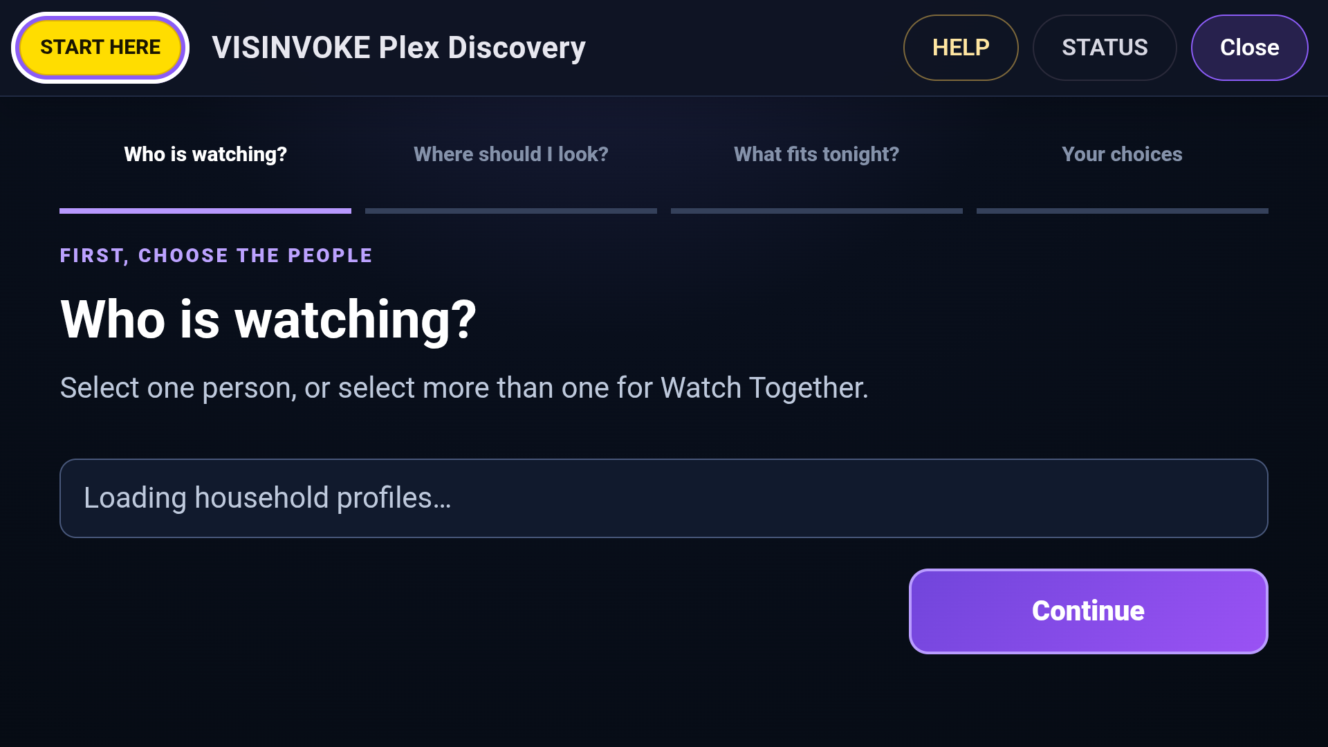 Plex Discovery product view showing the opening who-is-watching step for one profile or Watch Together