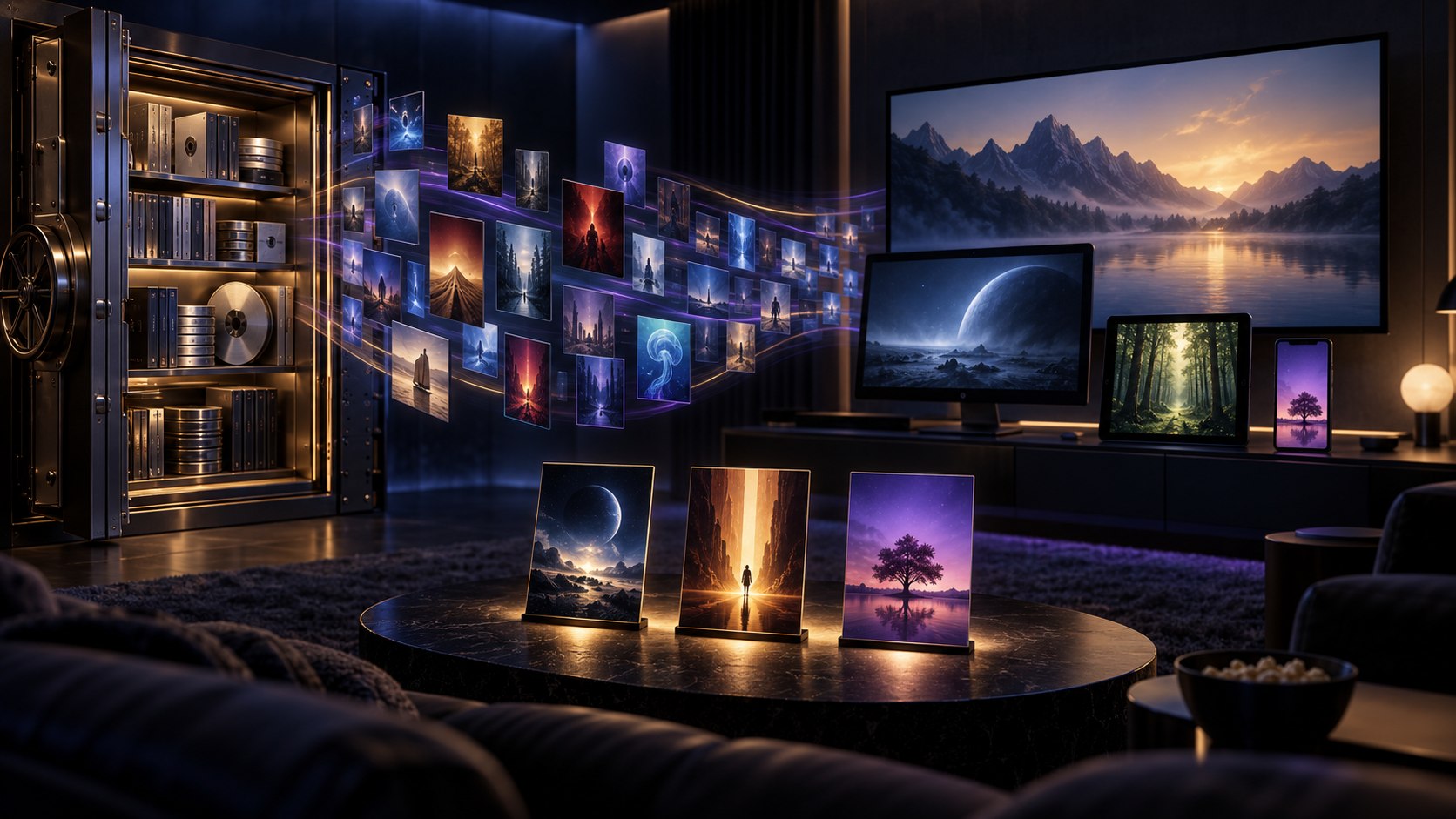 Illustration of an owned media collection connected to a short selection and household viewing devices