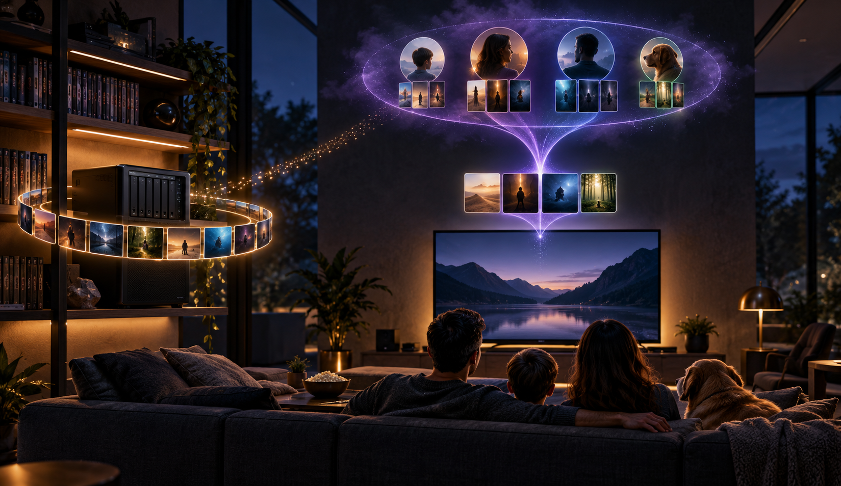 Illustration of household tastes coming together around a television and personal media library